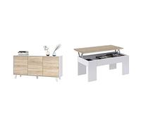 Habitdesign Aparador Buffet, contrachapada, Blanco/Madera, 54 cm x 75 cm x 41 cm + 0F1640A - Mesa de Centro elevable acabada en Color Roble Canadian, Medidas 45 x 100 x 50 cm