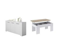 Habitdesign Aparador, Buffet Moderno, Armario Auxiliar Comedor, Modelo Ambit, Color Blanco Artik & Mesa de Centro Elevable, Mesita de Salón o Comedor, Modelo LC, Acabado en Color Blanco Artik y Roble