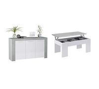Habitdesign - Aparador Comedor Moderno, Buffet Salón, Ambit, 144x80x42 cm + 0L1640A Mesa de Centro elevable, mesita de Comedor, Madera contrachapada, Blanco Artik Y Gris Cemento, 100 x 50 x 45-56 cm