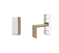 Habitdesign Armario Juvenil, Infantil, Armario Individual, Modelo Noa & Escritorio con Estanteria Reversible, Mesa de Ordenador, Blanco Artik y Roble Canadian