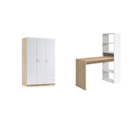 Habitdesign Armario Ropero de Tres Puertas y Tres Cajones, Acabado en Color Roble & Escritorio con Estanteria Reversible, Mesa de Ordenador, Blanco Artik y Roble Canadian