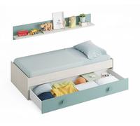 Habitdesign Cama Nido Juvenil Kendra, Conjunto 2 Camas + Estante de Pared, Dormitorio Infantil para Niños, Color Blanco Alpes y Verde Acqua, Medidas: 201x43x98 cm