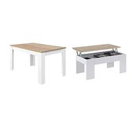 Habitdesign Comedor Extensible, Mesa salón o Cocina, Acabado en Color Blanco Artik y Roble Canadian + 0F1640A Mesa de Centro elevable acabada en Color Blanco Artik y Roble Canadian