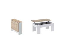 Habitdesign Mesa Auxiliar con Alas Abatibles, Mesa Cocina, Acabado En Color Blanco Artik Y Roble Canadian + Mesa De Centro Elevable, Mesita De Salón O Comedor, Modelo LC