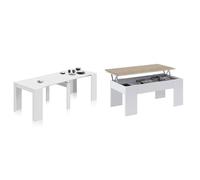 Habitdesign Mesa de Comedor, Consola, Mesa Extensible, Mesa para Salon, recibidor o Cocina & Mesa de Centro Elevable, Mesita de Salón o Comedor, Modelo LC, Acabado en Color Blanco Artik y Roble