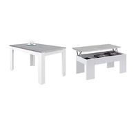 Habitdesign Mesa de Comedor Extensible, Mesa salón o Cocina, Acabado en Color Blanco Artik y Gris Cemento, Modelo Kendra + Mesa de Centro Elevable