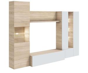 Habitdesign Mueble de Comedor con Leds, Mueble Salon, Modelo Essential, Acabado en Blanco Brillo y Roble Canadian, Medidas: 260 cm (Ancho) x 185 cm (Alto) x 42 cm (Fondo), grande, 1