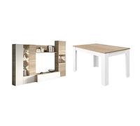 Habitdesign Mueble de Comedor con Leds, Mueble Salon, Modelo Essential + Mesa de Comedor Extensible, Mesa salón o Cocina, Acabado en Color Blanco Artik y Roble Canadian