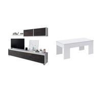 Habitdesign Mueble de Salon Moderno, Modulos de Comedor, Modelo Alida & Mesa de Centro Elevable, Mesita de Salón o Comedor, Modelo LC, Acabado en Color Blanco Artik