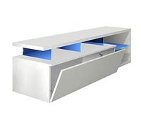 Habitdesign Mueble de TV Moderno Blue-Tech con Luces LED | Mesa de Salón Comedor con Puerta Abatible Sistema Push y Estantes de Cristal | Blanco Brillo, Medidas: 150 x 43 x 41 cm