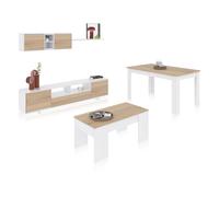 Habitdesign -Pack salón con mesa de centro y mesa de comedor Max V2B Glossy white - canadian oak