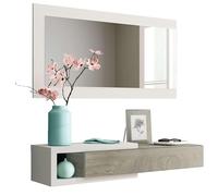 Habitdesign Recibidor con Cajon y Espejo, Mueble de Entrada, Modelo Noon, Acabado en Blanco Artik y Roble Alaska, Medidas: 95 cm (Ancho) x 19 cm (Alto) x 26 cm (Fondo)