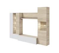 Habitdesign Salón Compacto 260, Mueble televisión, Modelo Essential, Acabado Roble Canadian y Blanco Brillo, Medidas: 185 cm (Alto) x 260 cm (Ancho) x 42 cm (Fondo)