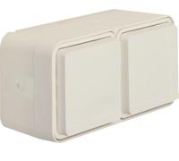 Hager, enchufe SCHUKO, doble, modelo WNC144B, color blanco, con tapa abatible, entrada de cable lateral, grado de protección IP55
