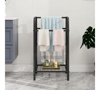 HAHRIR Toallero de 3 niveles de metal, pequeño toallero independiente para el baño, ahorro de espacio, dormitorio, baño, estante de exhibición para piscina (negro, 43 x 27 x 76 cm)