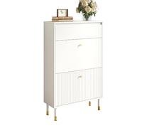 HAINEW Zapatero con 2 puertas y 1 cajón, color blanco, 65 x 24 x 104 cm | D26081813 - Zapatero para ahorrar espacio, mango dorado y patas