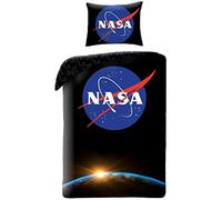 Halantex - NS4051 - Juego de Cama Individual Logotipo de la NASA Espacio Negro Profundo Funda nórdica y Almohada - 100% algodón - 140 x 200 cm y Funda de Almohada 70 x 90 cm