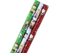Hallmark Papel de regalo de cacahuetes navideños con líneas de corte en el reverso (paquete de 3, 105 pies cuadrados) Snoopy, Charlie Brown, Woodstock (5JXW1036)