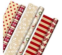 Hallmark Papel de regalo de Navidad reversible (3 rollos: 120 pies cuadrados ttl)"Merry Holidays", copos de nieve, muñecos de nieve, rayas rojas