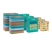 Hallmark Surtido de bolsas de regalo de cumpleaños verde azulado y amarillo (8 bolsas: 3 pequeñas de 6 pulgadas, 3 medianas de 9 pulgadas, 2 grandes de 13 pulgadas), puntos, rayas, feliz cumpleaños