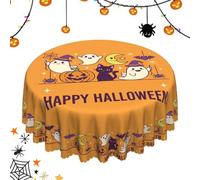 Halloween Round Tablecloth 70 Inches, Orange Table Cloth, Castle Lantern