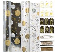 HaloCasa Papel de Regalo de Metalizado - Set de 2 Rollos (43 cm x 10 m) Papel Navidad Blanco y Dorado Brillante con Etiquetas y Cuerda de Yute - Para Calendario de Adviento y Envoltorios