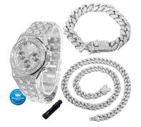 HALUKAKAH Reloj con Diamantes para Niños,Adolescentes - Chapado en Platino,Esfera Octogonal 40mm con Números Romanos,Cuarzo Japonés - Longitud 20cm,con Cadenas Cubana 18+40cm y Herramienta de Ajuste