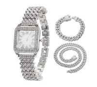 Halukakah Reloj de Oro con Diamantes Iced Out para Niños,Adolescentes,Chicos - Chapado en Platino,Esfera Cuadrada con Números Romanos,Cuarzo Japonés - Longitud 19,5cm -Viene con Cadenas Cubana 18+40cm
