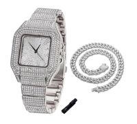 HALUKAKAH Reloj de Oro con Diamantes para Niños,Adolescentes - Chapado en Platino,Esfera Cuadrado con Números Árabes,Cuarzo Japonés - Longitud 18.5cm,con Cadena Cubana 40cm y Herramienta de Ajuste