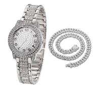 HALUKAKAH Reloj de Oro con Diamantes para Niños,Adolescentes - Chapado en Platino,Esfera Redondo con Números Árabes,Cuarzo Japonés - Longitud 19.5cm,con Cadena Cubana 40cm - para Cumpleaños,Fiestas