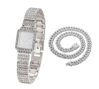HALUKAKAH Reloj Diamante para Niños Brillante Estrellado:Bañado en Platino,Esfera Rectangular,Lleno de Diamantes,Reloj de Cuarzo con Correa de Acero Inoxidable,con Cadena Cubana 40cm