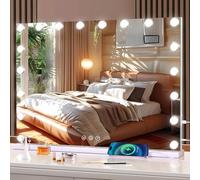 halumao Hollywood - Espejo de tocador con luces, 80 x 60 cm, espejo de maquillaje grande iluminado con 18 bombillas regulables, 3 modos de color, enchufe adaptador, espejo de mesa o pared para