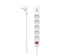 Hama Regleta 5 enchufes con USB-C y USB-A 18W PD, interruptor individual, cable plano 1,4 m blanca