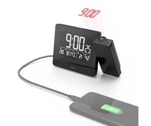 Hama | Reloj Despertador Digital proyección de la Hora en Techo/Pared,Negro | Radio Reloj Despertador, Sensores táctiles, 2 alarmas, Hora, Calendario, Termómetro, Higrómetro, Carga USB
