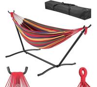 Hamaca brasileña para jardín con soporte de acero, que incluye una funda de transporte que ahorra espacio, un marco cómodo de varios colores y una estructura resistente. Soporta hasta 200 kg y es idea