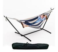 Hamaca con Soporte, Hamaca De 210 x 150 cm, 5 Alturas Ajustables, Portátil, Marco De Metal, Carga De 240 kg, para Patio, Jardín, Azul y Blanco