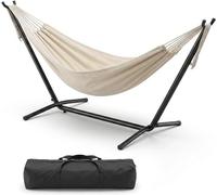 Hamaca doble con estructura de acero recubierta con pintura en polvo, resistente hasta 200 kg. Superficie de descanso de 213x150 cm. Ideal para exteriores, jardín, balcón o camping. Set de hamaca que 