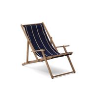Hamaca plegable de exterior Vilara con rayas azules y beige, fabricada con madera maciza de acacia 100% certificada FSC.