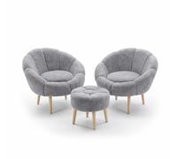 Hanah Home Elegante Juego de sillón y puf (3 Piezas), Gris, 100% Tejido Wellssoft, Patas de 100% Fresno, Salas de Estar Modernas