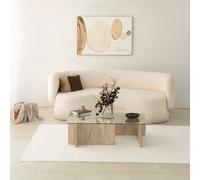 Hanah Home Elegante Mesa de café, Color travertino, 105 x 30 x 65 cm, 100% Cristal y Tablero de partículas revestidas de melamina, diseño de mármol para Espacios de Vida Modernos