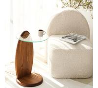 Hanah Home Elegante Mesa Lateral, 35 cm x 53 cm x 35 cm, Marco de Madera 100% sólida y Parte Superior de Cristal Templado, Color castaño y Acabado Transparente, Espacios de Vida Modernos