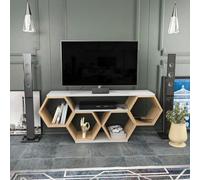 Hanah Home Elegante Soporte para TV, Blanco y sonamo, 140 x 29,6 x 55,5 cm, Tablero de partículas Recubierto de melamina 100%, 18 mm de Grosor, diseño Moderno para Sala de Estar y Entretenimiento
