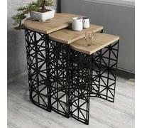 Hanah Home Modern Nesting Table Set (3 Pieces), Roble y Negro, 100% melamina revestida, Marco de Metal, 18 mm de Grosor, Elegante y Funcional para el hogar y la Oficina