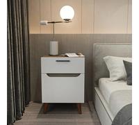 Hanah Home Scandinavian Nightstand, Blanco y Roble, 45 x 36,8 x 63 cm, 100% melamina revestida, 18 mm de Grosor, Elegante y Funcional para dormitorios Modernos