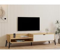 Hanah Home Soporte de TV escandinavo, zafiro roble y blanco, 160 cm, tablero de partículas recubierto de melamina 100%, 18 mm de grosor, patas de hierro, múltiples bandejas, solución de almacenamiento