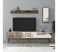 Skye Decor, mueble de TV moderno fabricado con paneles de aglomerado de alta calidad recubiertos de melamina al 100%, en acabado nogal y crema, con dimensiones de 180 x 35 x 45 cm. Incluye estante de 
