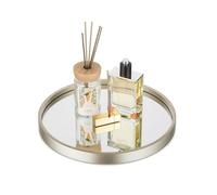 Hanobe Bandeja de tocador de baño con espejo: organizador de perfume dorado champán, bandejas decorativas modernas, bandejas redondas de madera para maquillaje, joyas, tocador, soporte para decoración