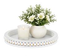 Hanobe Bandeja Decorativa Redonda para Centro de Mesa: Bandeja de Mesa de café rústica con Cuentas para Sala de Estar, bandejas de Velas de Madera Lavada Blanca para encimera de Cocina, decoración