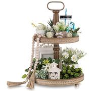 Hanobe Decoración de Bandeja escalonada de Granja: Soporte de Madera de 2 Niveles, Dos bandejas Decorativas para Servir, bandejas Redondas con Cuentas para baño, Cocina, Centro de Mesa, mostrador,