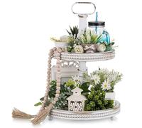 Hanobe Decoración de Bandeja escalonada de Granja: Soporte de Madera de 2 Niveles, Dos bandejas Decorativas para Servir, bandejas Redondas Blancas con Cuentas para baño, Cocina, centros de Mesa,